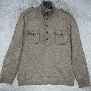 VTG GAP Sweater Men's XL Brown Knit Wool Blend Mock Neck 1/4 Button Zip Military